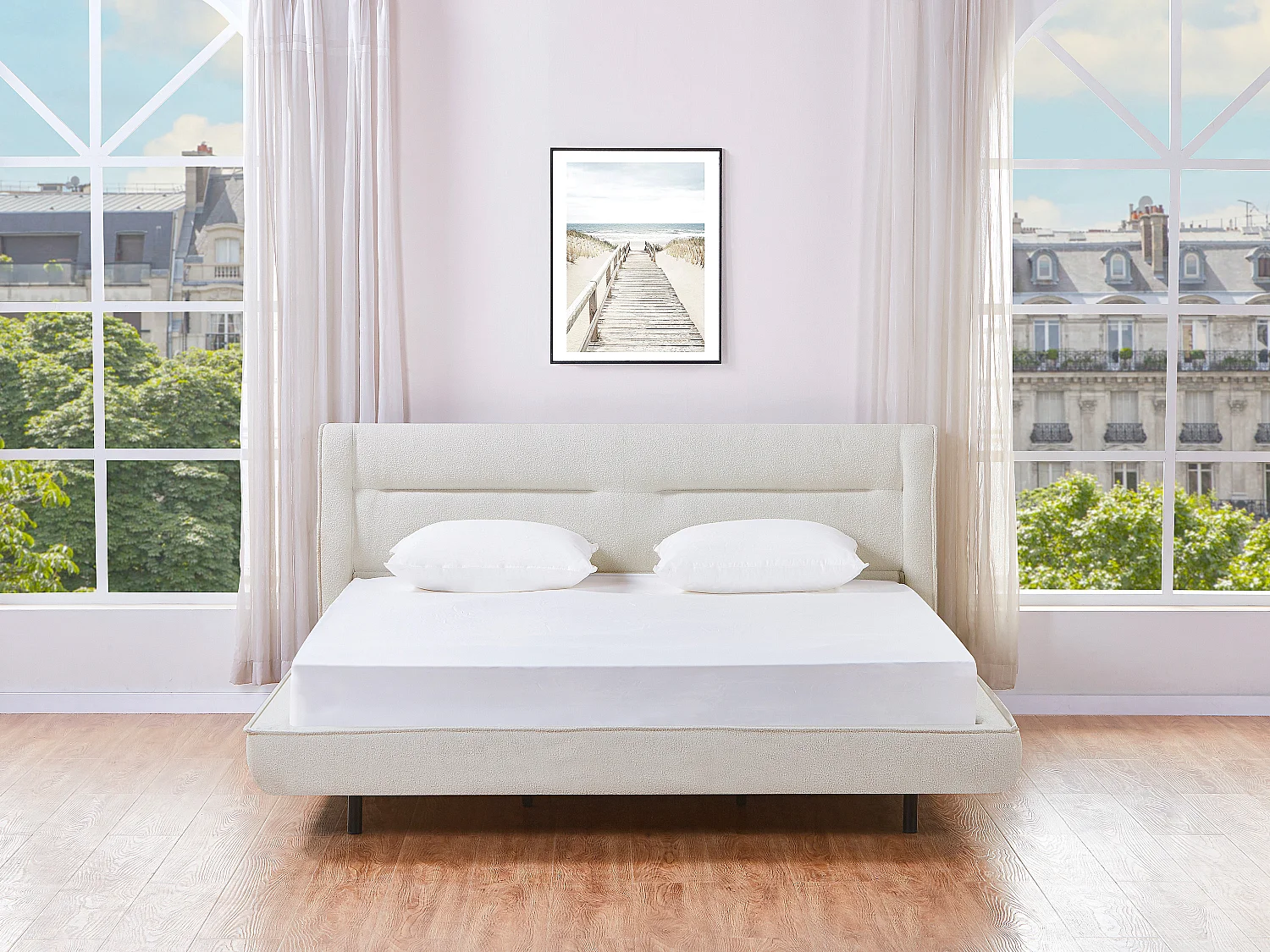 Lit 180 x 200 cm - Tissu bouclette - Beige + Matelas - ISYDE