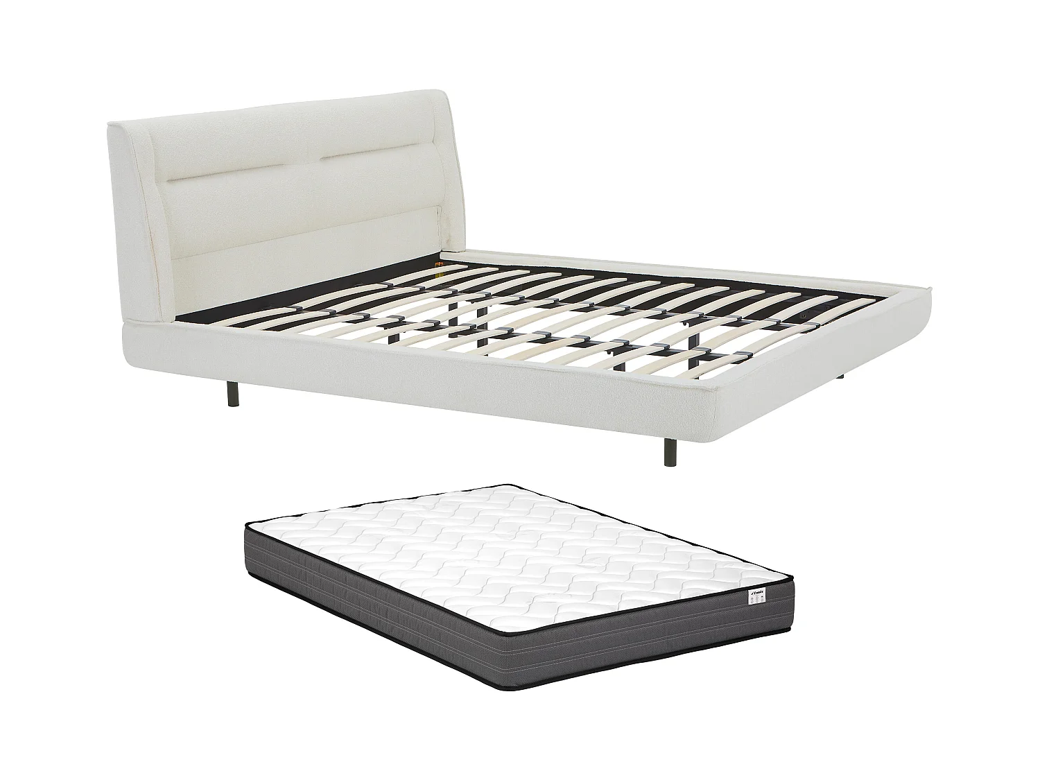 Lit 180 x 200 cm - Tissu bouclette - Beige + Matelas - ISYDE