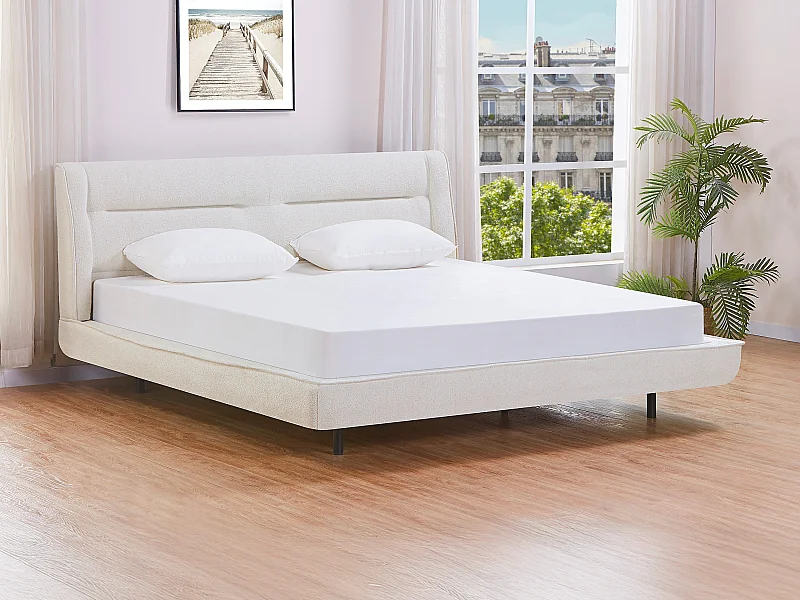 Lit 180 x 200 cm - Tissu bouclette - Beige + Matelas - ISYDE