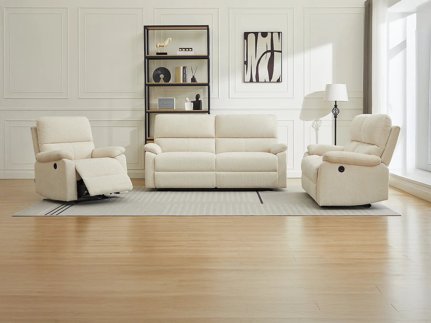 Canapés 3 places, 2 places et fauteuil relax électrique en velours côtelé beige LUNANO