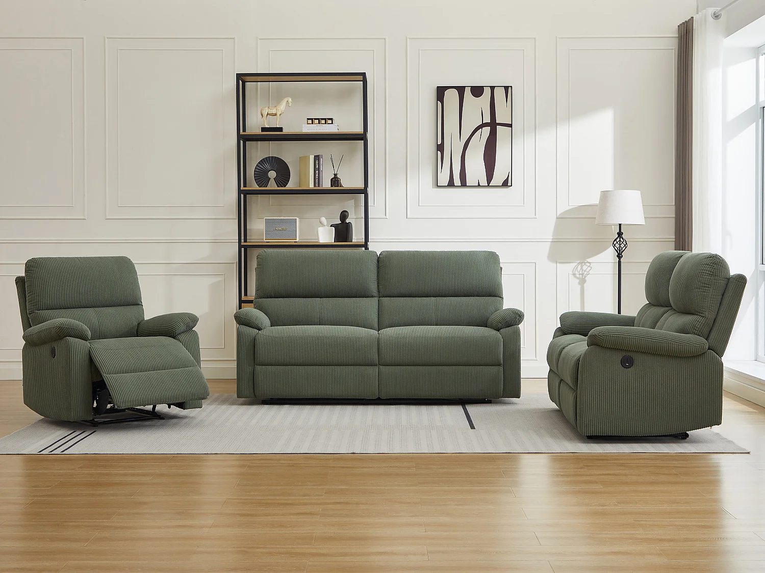 Canapés 3 places, 2 places et fauteuil relax électrique en velours côtelé vert LUNANO