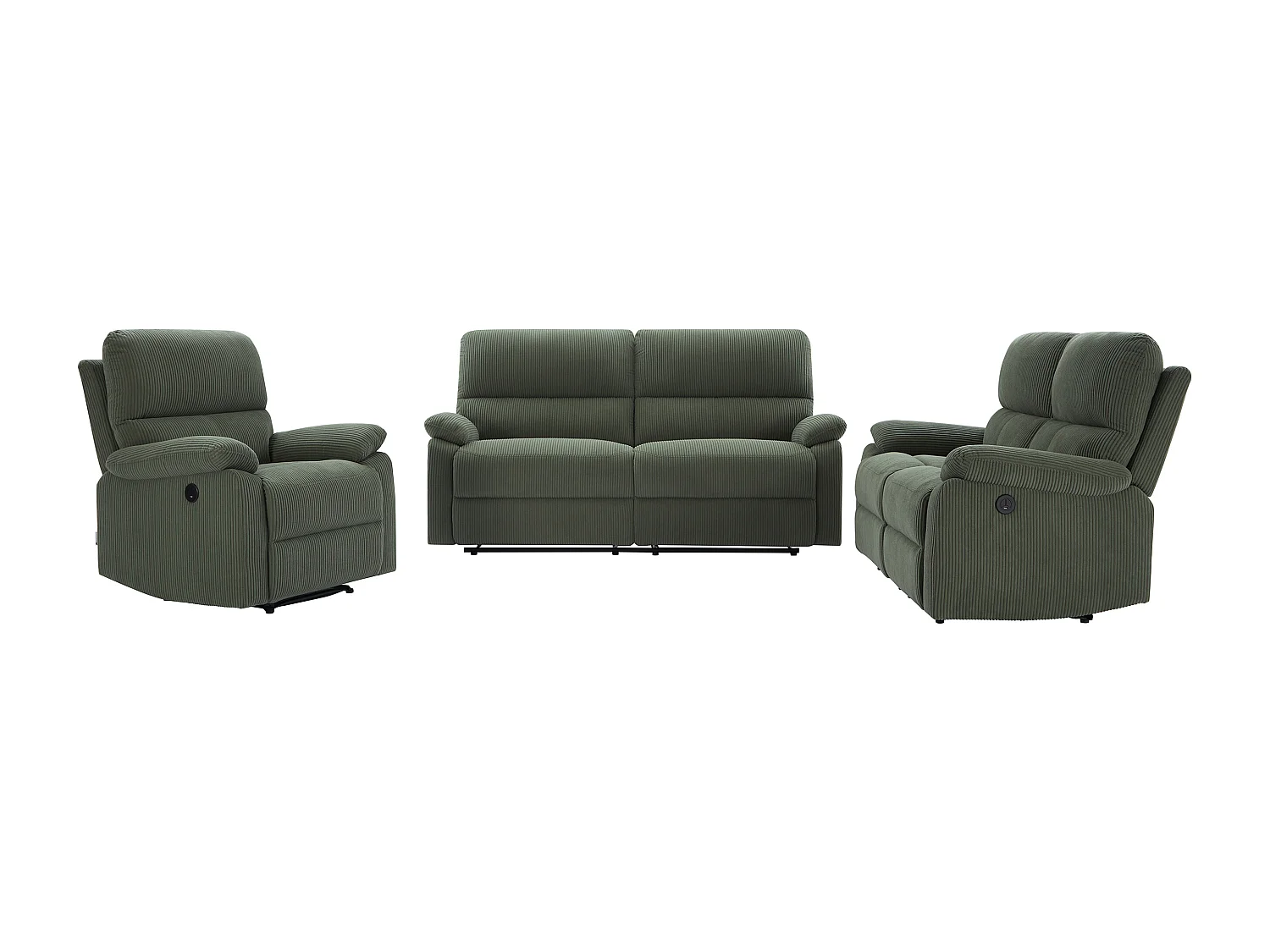 Canapés 3 places, 2 places et fauteuil relax électrique en velours côtelé vert LUNANO