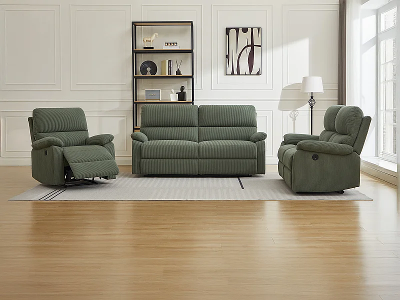 Sofás de 3 y 2 plazas y sillón relax eléctrico de terciopelo acanalado verde LUNANO