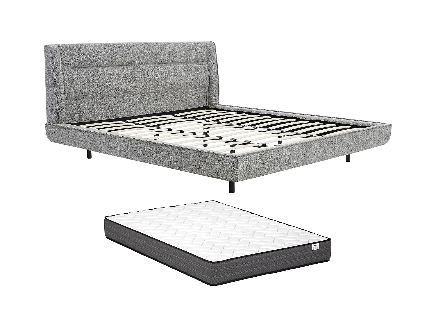 Lit 180 x 200 cm - Tissu bouclette - Gris + Matelas - ISYDE