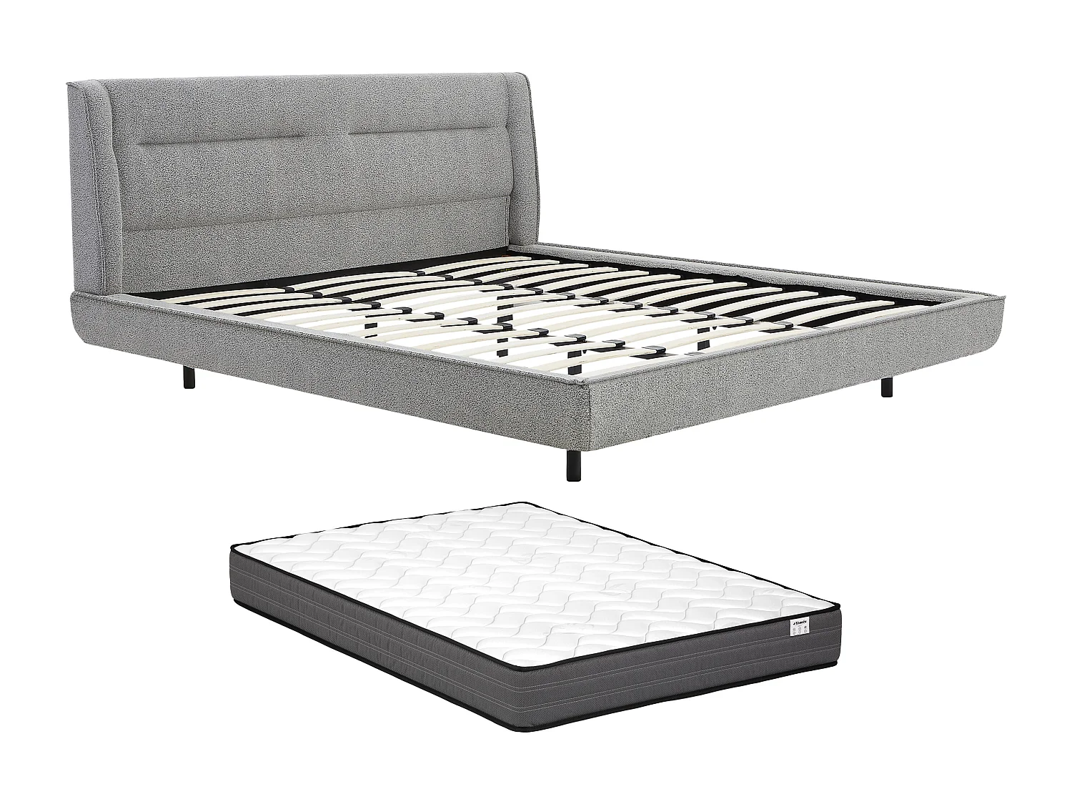 Seng 180 x 200 cm - Bouclé stoff - Grå + Madrass - ISYDE