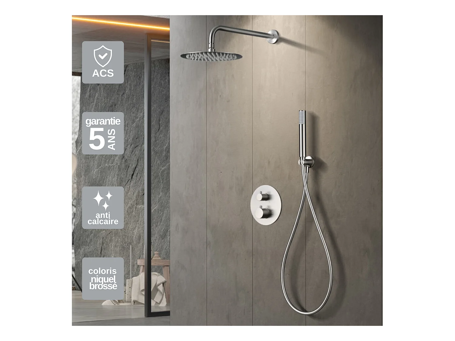 Colonne de Douche Encastrée avec Mitigeur Thermostatique niquel brossé anti-calcaire - Design Moderne - MONZA IMEX