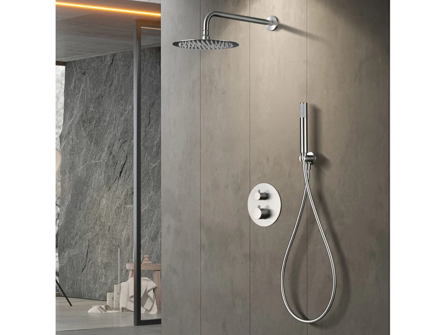 Colonne de Douche Encastrée avec Mitigeur Thermostatique niquel brossé anti-calcaire - Design Moderne - MONZA IMEX