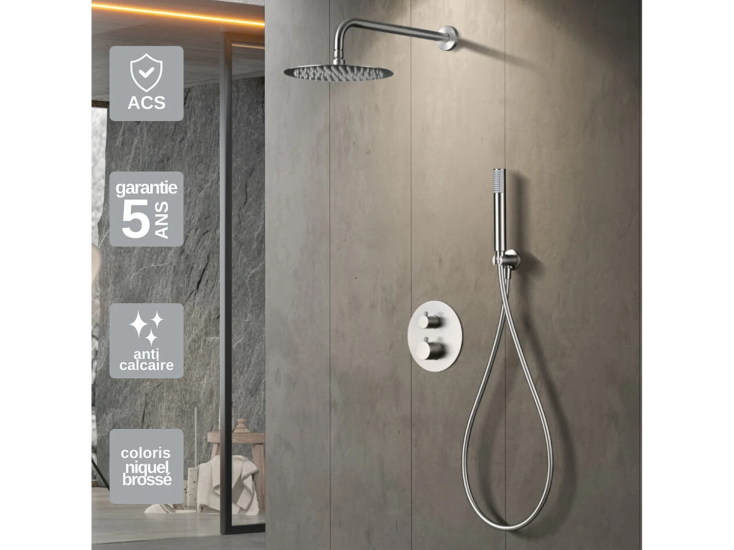 Colonne de Douche Encastrée avec Mitigeur Thermostatique niquel brossé anti-calcaire - Design Moderne - MONZA IMEX