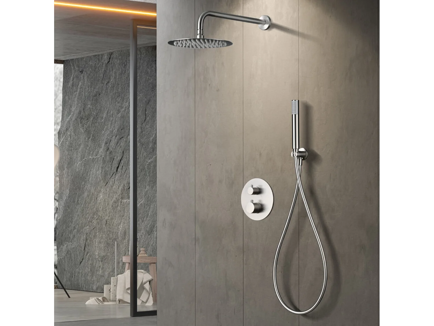 Colonne de Douche Encastrée avec Mitigeur Thermostatique niquel brossé anti-calcaire - Design Moderne - MONZA IMEX