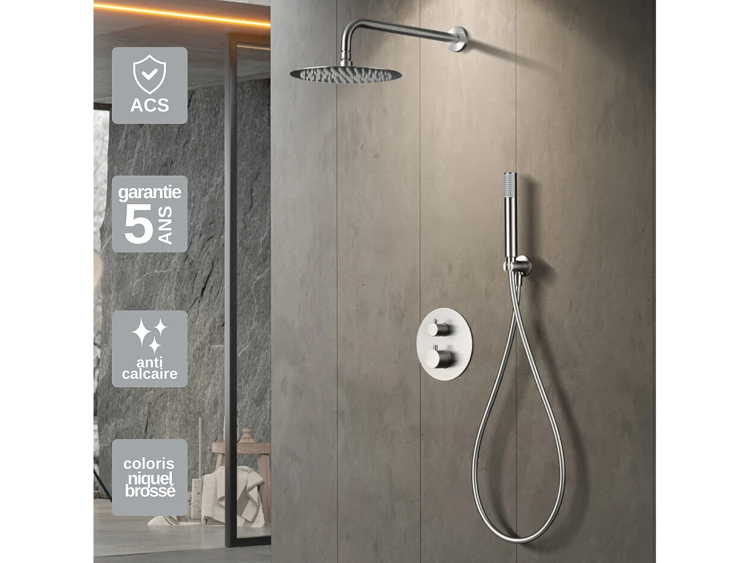 Colonne de Douche Encastrée avec Mitigeur Thermostatique niquel brossé anti-calcaire - Design Moderne - MONZA IMEX