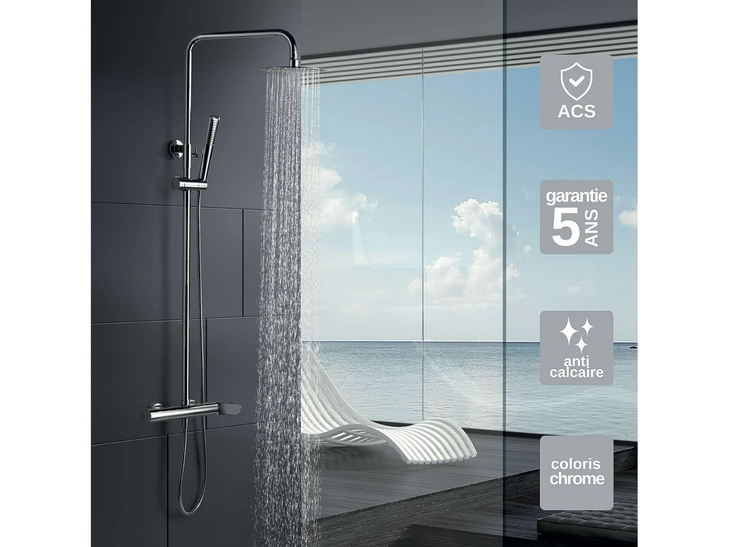 Colonne de Douche chromé anti-calcaire - Design Moderne et Économie d'eau - Kit Complet DINAMARCA IMEX