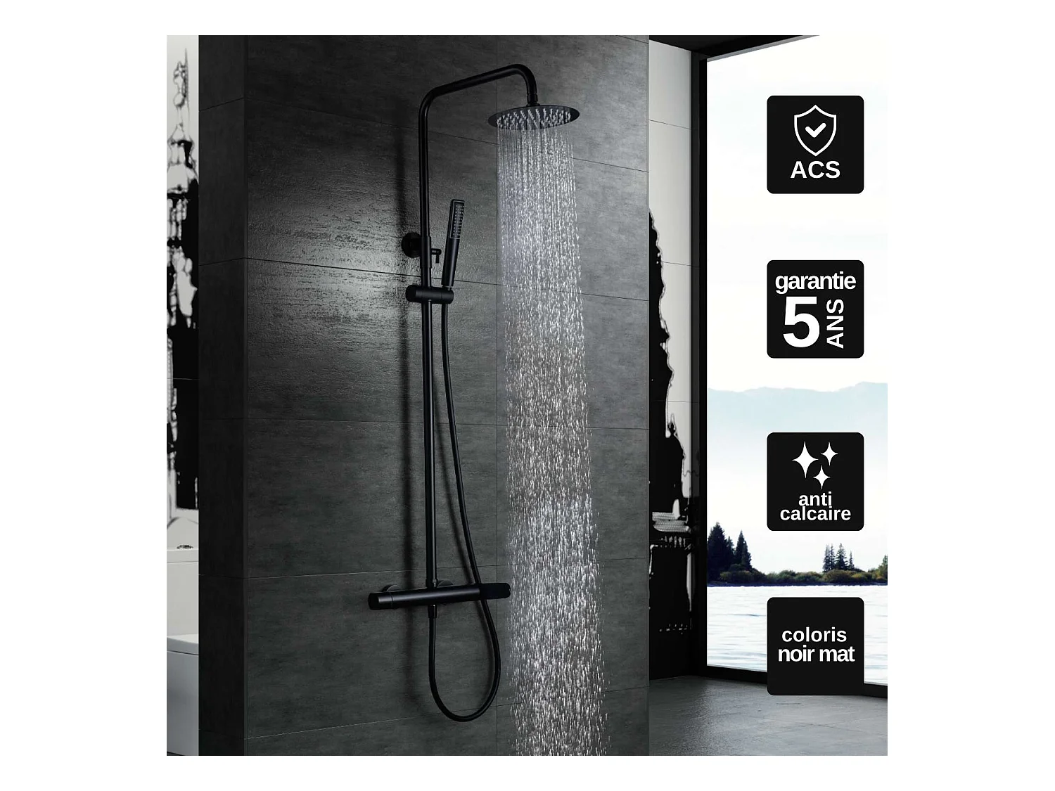 Colonne de Douche Anti-Calcaire Noir Mat IMEX DINAMARCA BDR031/NG