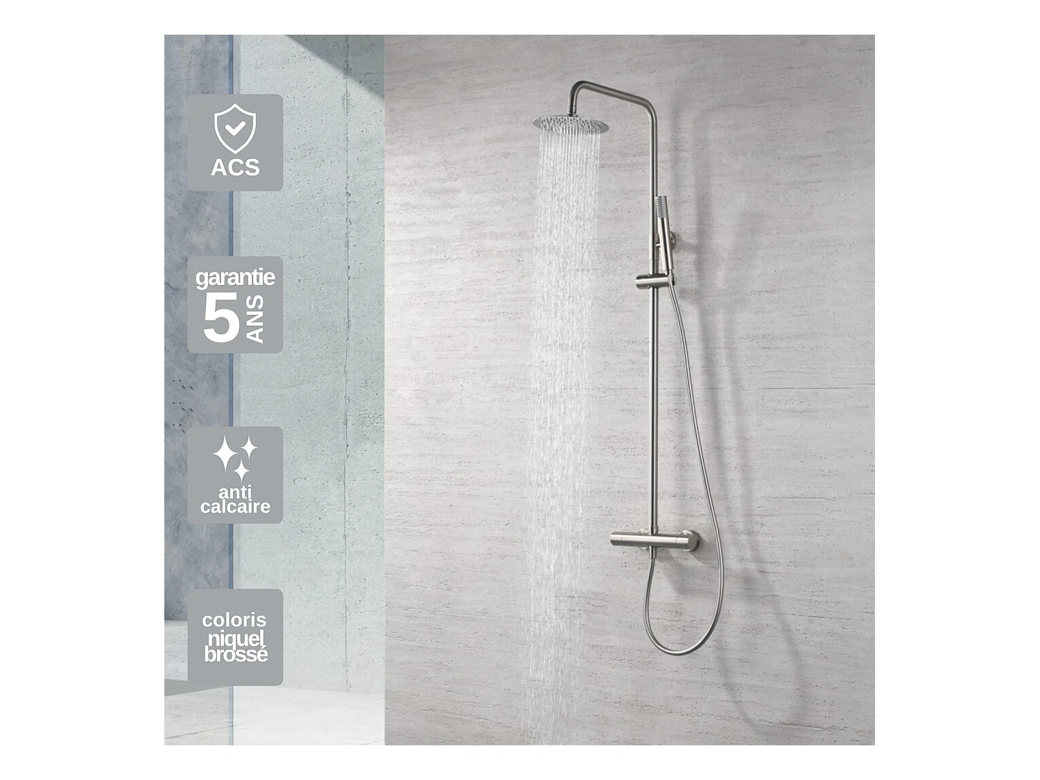 Colonne de Douche avec Mitigeur Thermostatique niquel brossé anti-calcaire - Design Moderne - MONZA IMEX