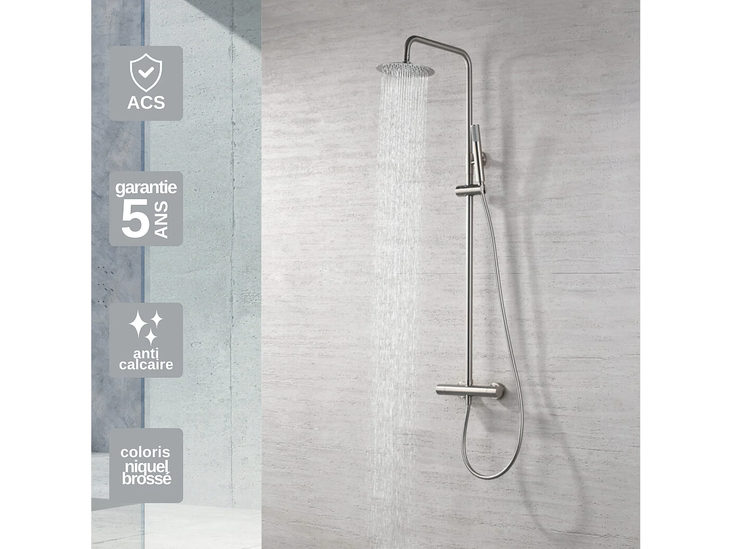 Colonne de Douche avec Mitigeur Thermostatique niquel brossé anti-calcaire - Design Moderne - MONZA IMEX