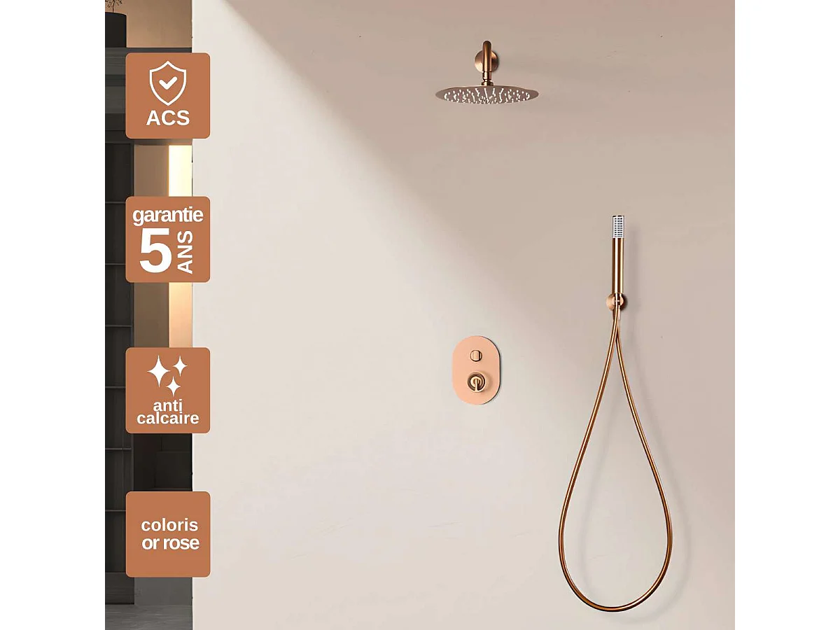 Colonne de Douche Encastrée or rose cuivré anti-calcaire - Design Moderne et Économie d'eau - Kit Complet OLIMPO IMEX