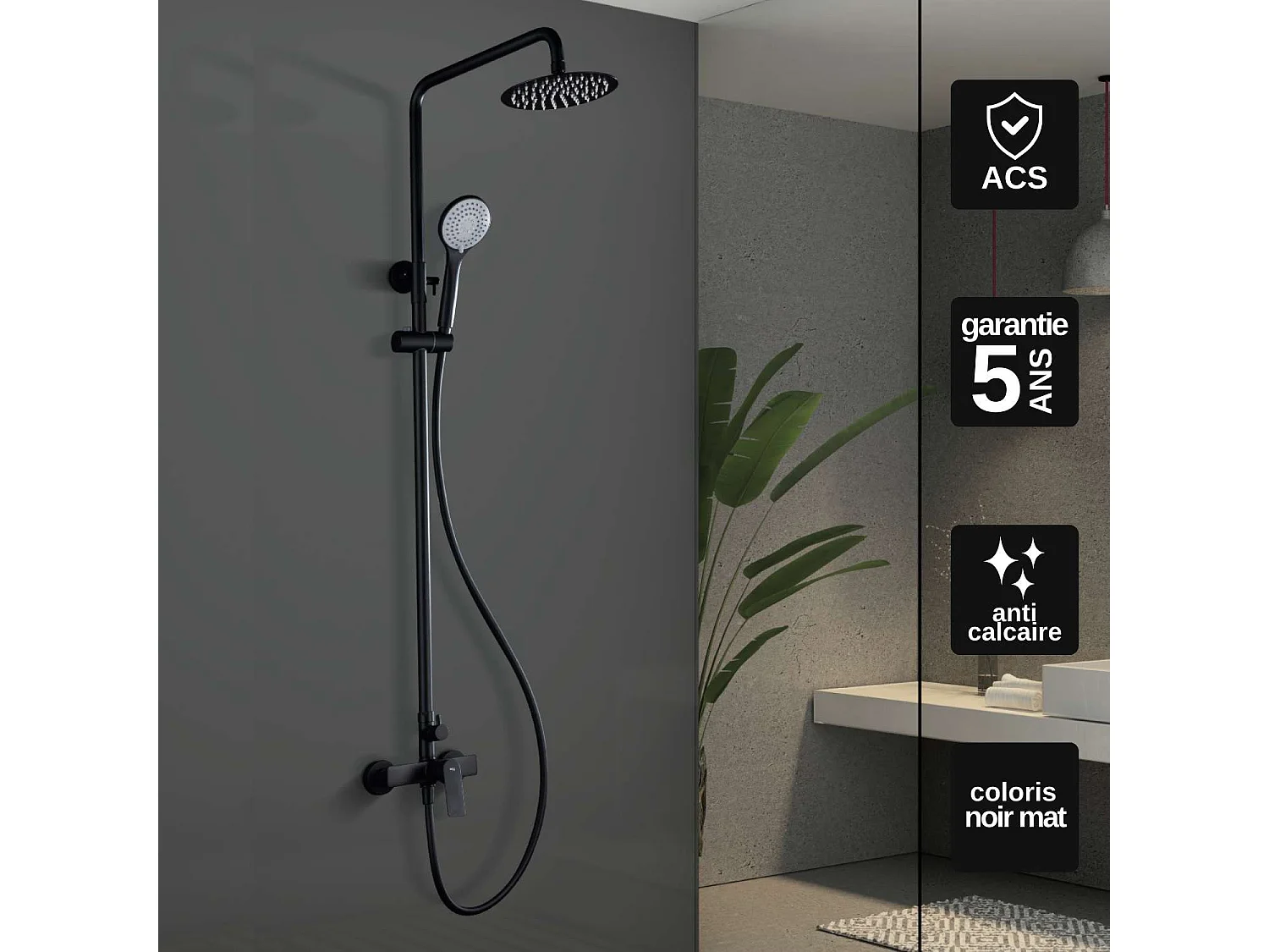 Colonne de Douche noir mat anti-calcaire - Design Moderne et Économie d'eau - Kit Complet LUXOR IMEX