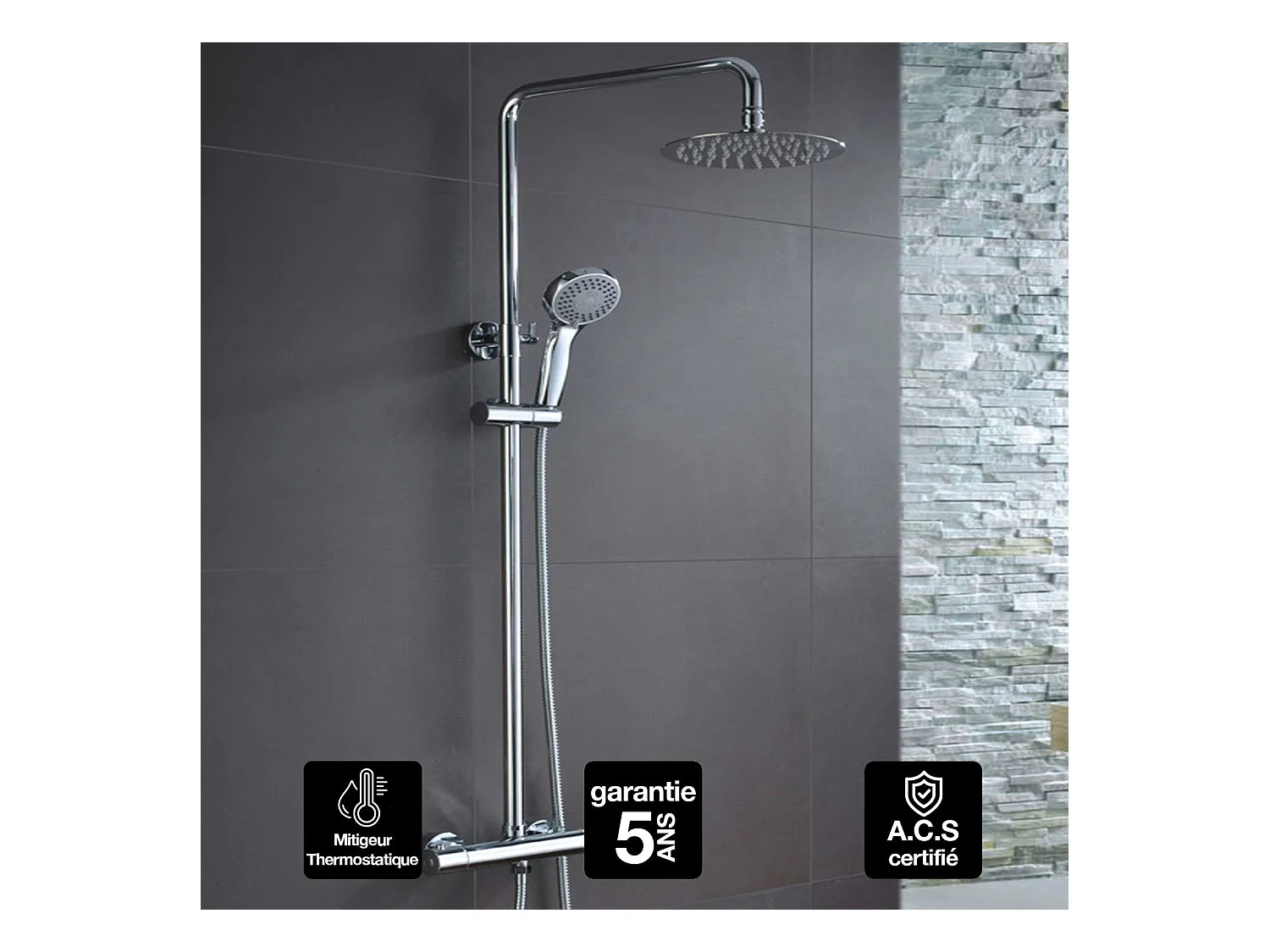 Colonne de Douche avec Mitigeur Thermostatique chromé anti-calcaire - Design Moderne - LONDRES IMEX