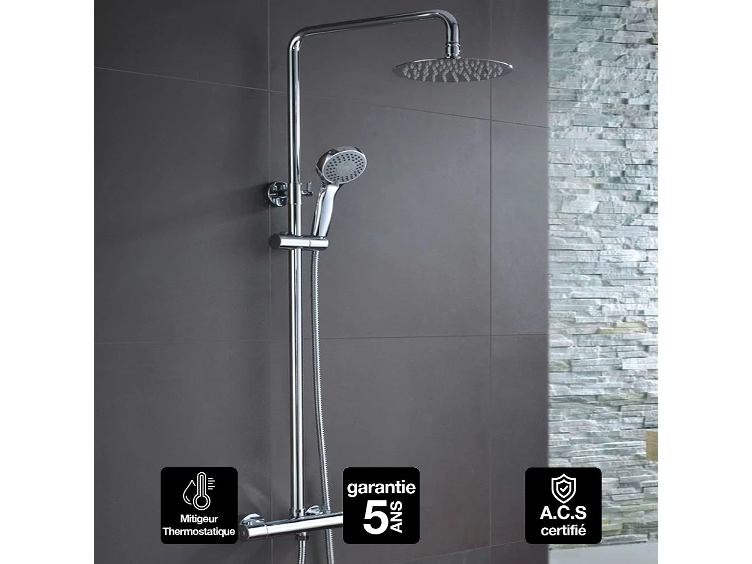 Colonne de Douche avec Mitigeur Thermostatique chromé anti-calcaire - Design Moderne - LONDRES IMEX