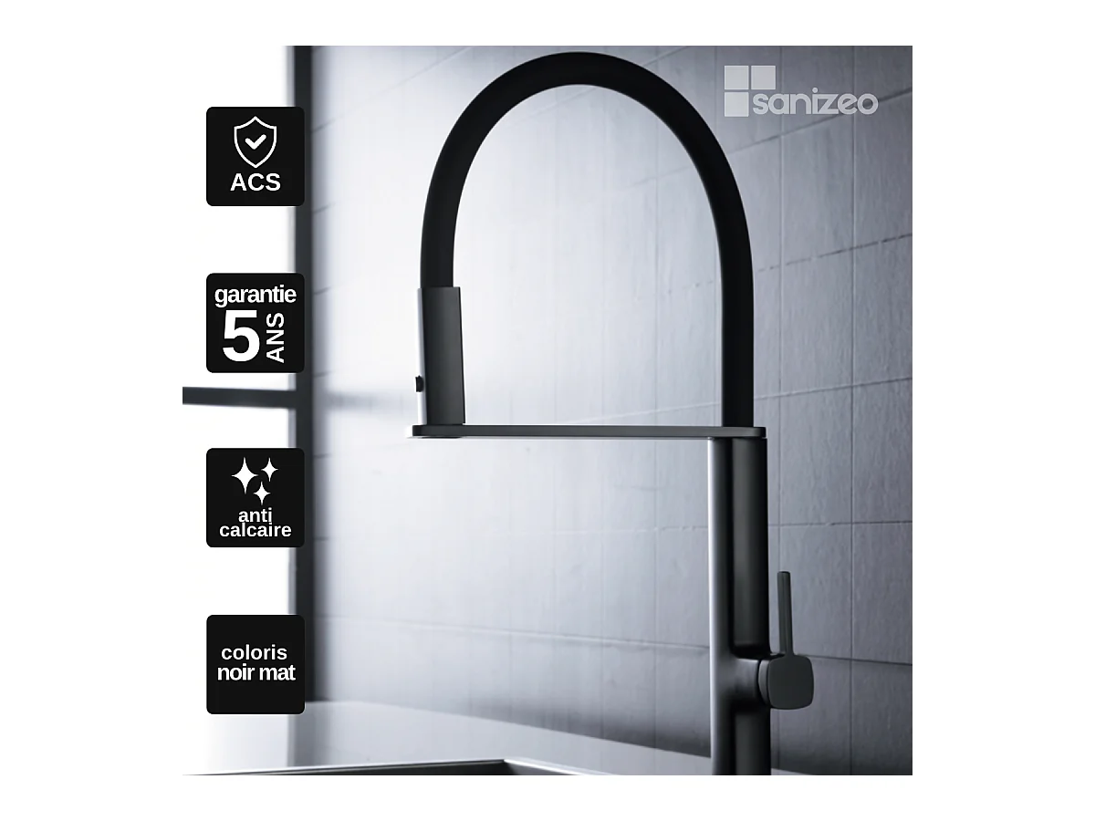 Mitigeur Évier Cuisine avec douchette extractible noir mat - Design moderne – MENORCA IMEX