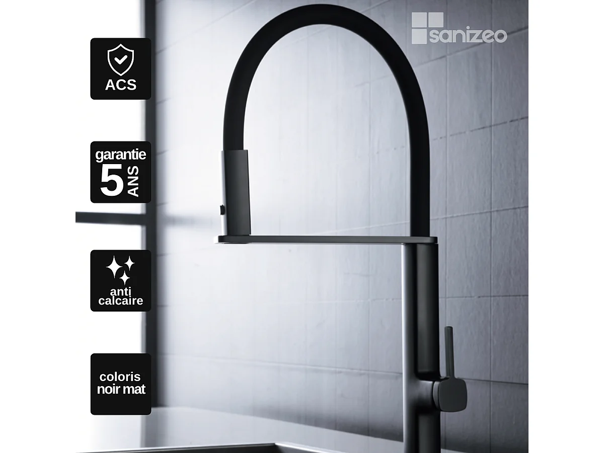 Mitigeur Évier Cuisine avec douchette extractible noir mat - Design moderne – MENORCA IMEX