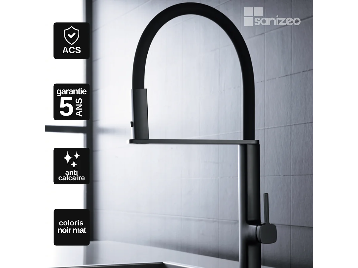 Mitigeur Évier Cuisine avec douchette extractible noir mat - Design moderne – MENORCA IMEX