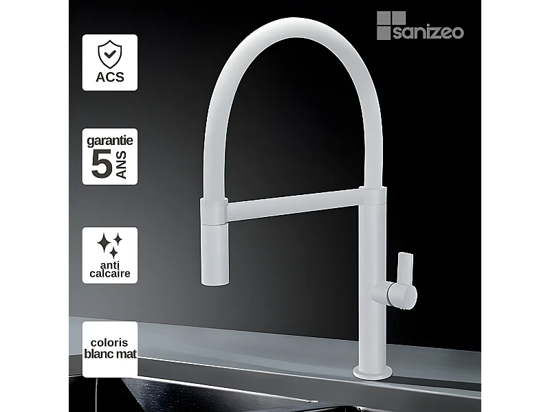 Mitigeur Évier Cuisine avec douchette extractible blanc mat - Design moderne – LAOS IMEX
