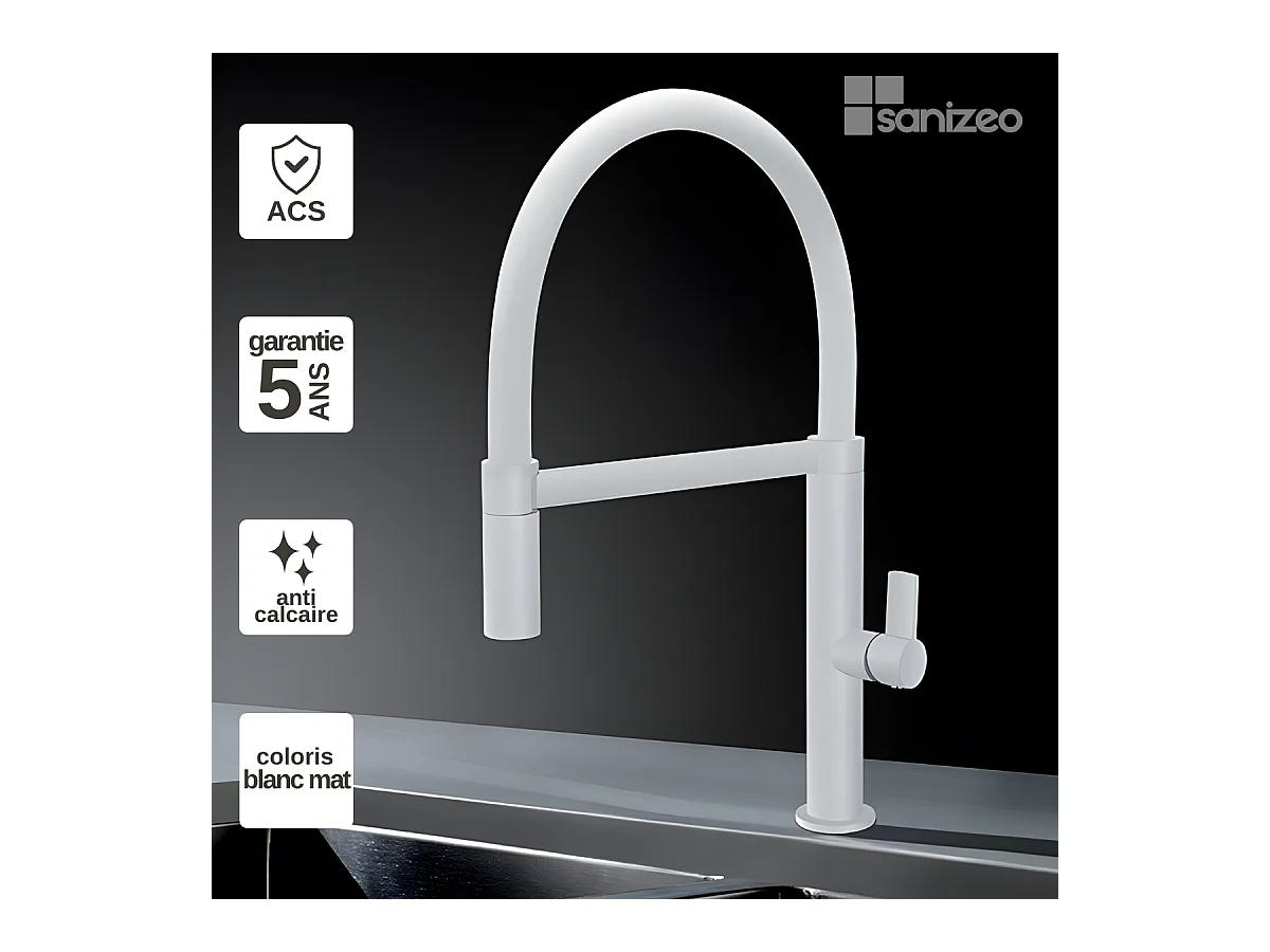 Mitigeur Évier Cuisine avec douchette extractible blanc mat - Design moderne – LAOS IMEX