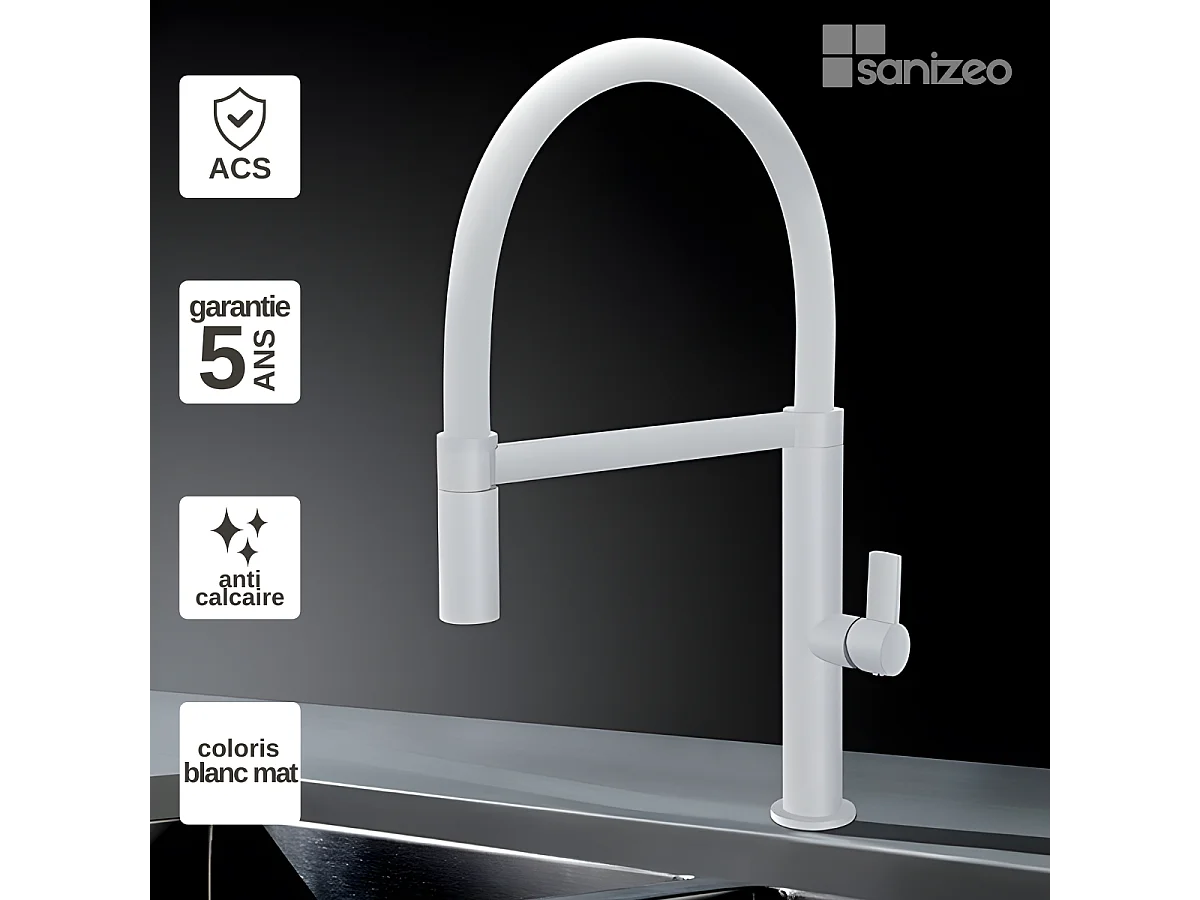 Mitigeur Évier Cuisine avec douchette extractible blanc mat - Design moderne – LAOS IMEX