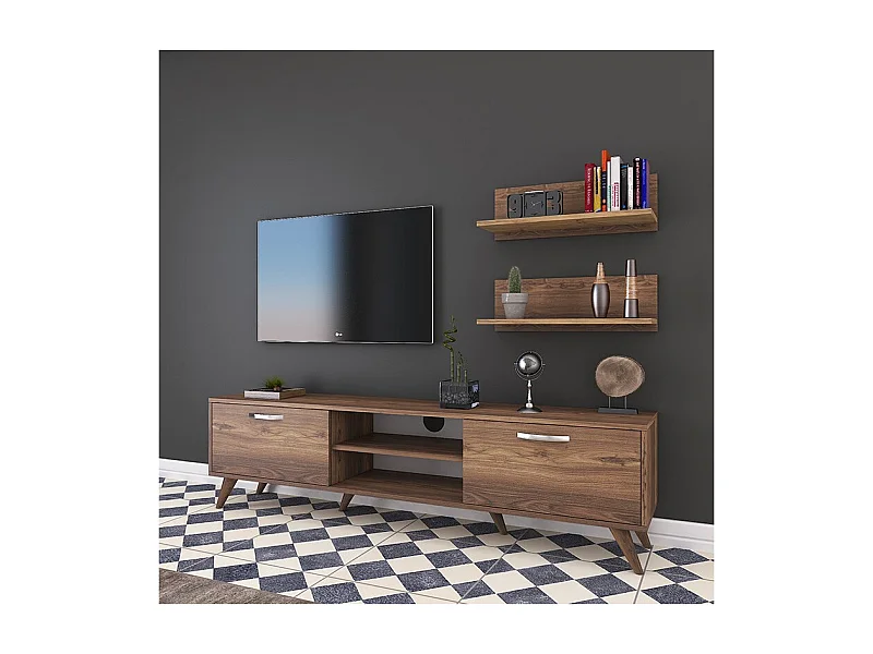 Mueble TV Completo en Melamina Color Nogal, 180x35x48.5 cm, con 2 Estantes