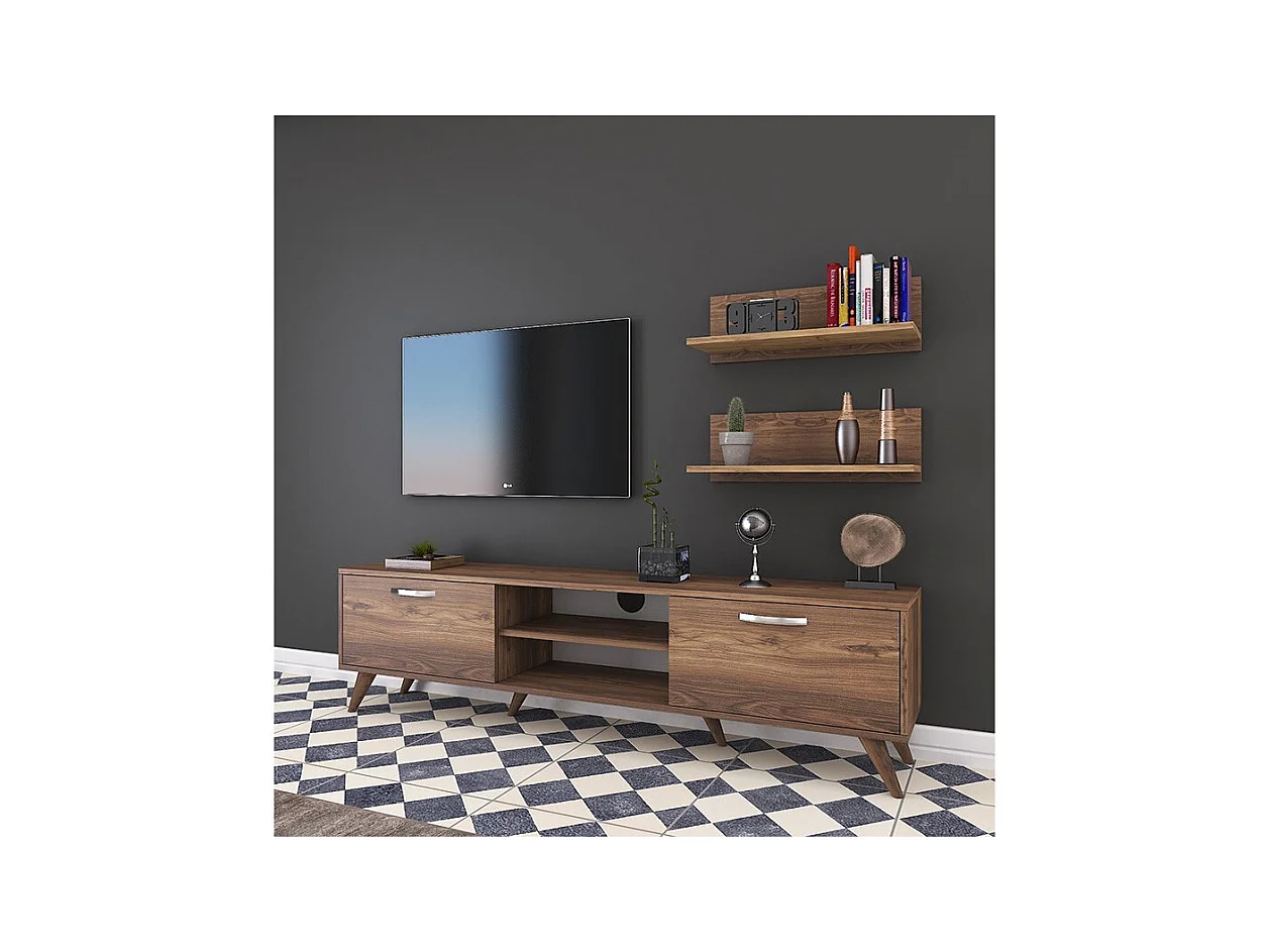Mueble TV Completo en Melamina Color Nogal, 180x35x48.5 cm, con 2 Estantes