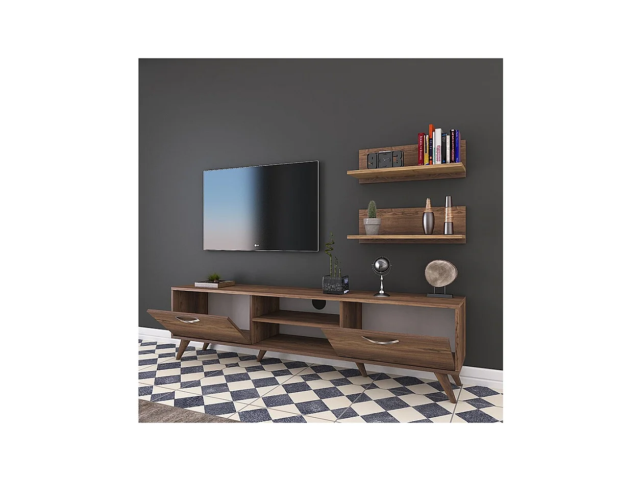 Mueble TV Completo en Melamina Color Nogal, 180x35x48.5 cm, con 2 Estantes