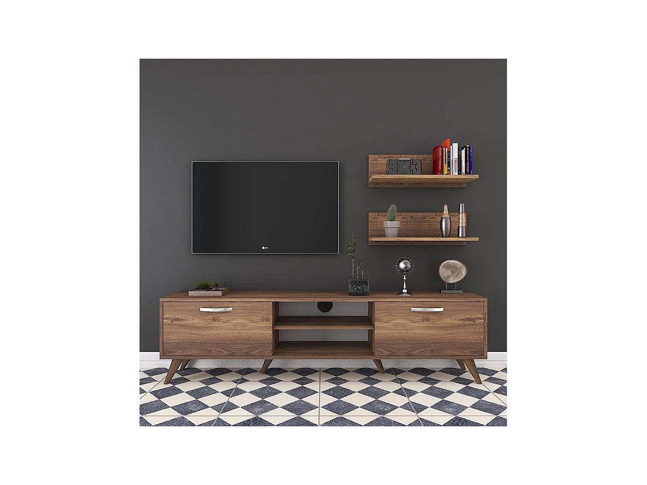 Mueble TV Completo en Melamina Color Nogal, 180x35x48.5 cm, con 2 Estantes