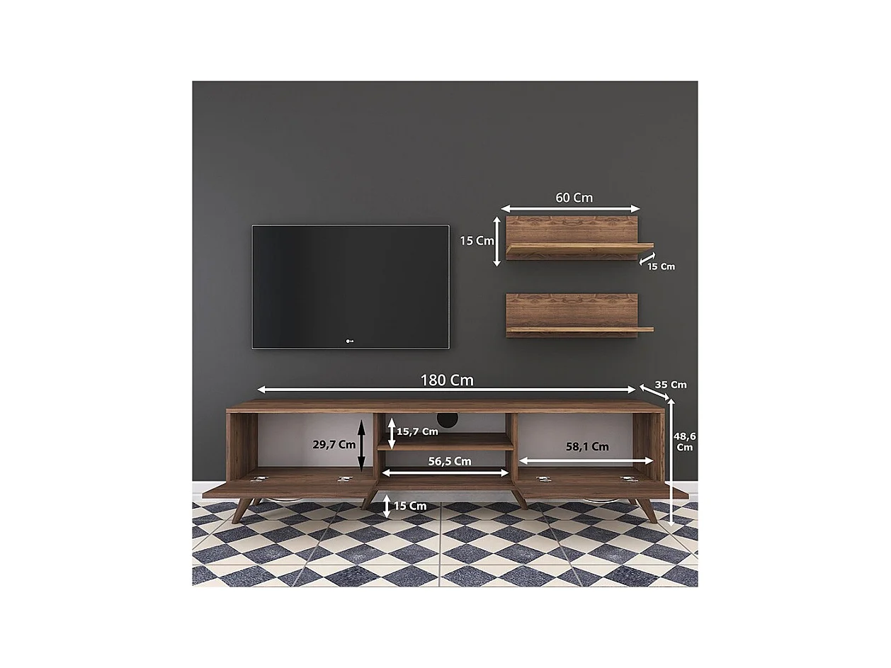 Mueble TV Completo en Melamina Color Nogal, 180x35x48.5 cm, con 2 Estantes