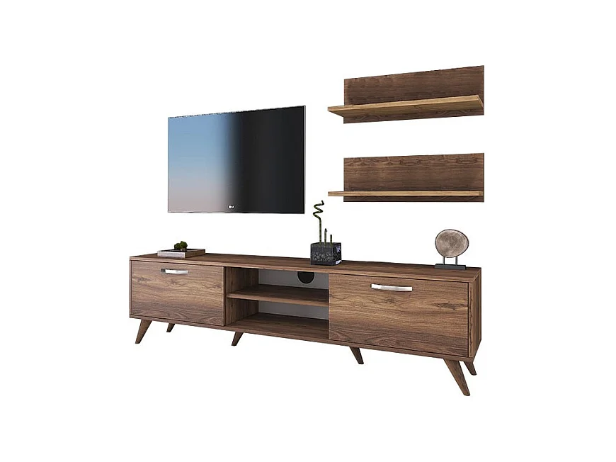 Mueble TV Completo en Melamina Color Nogal, 180x35x48.5 cm, con 2 Estantes