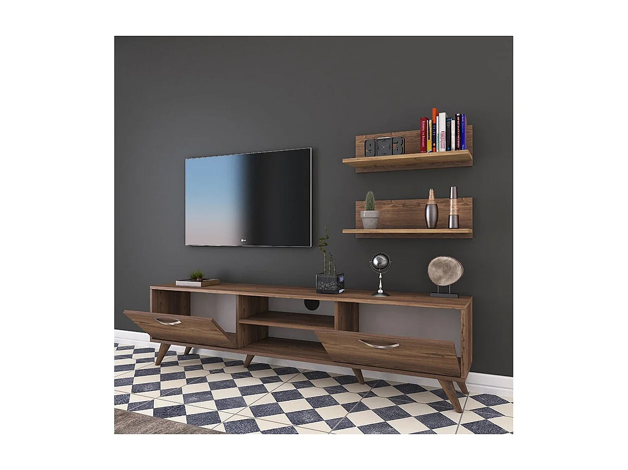 Mueble TV Completo en Melamina Color Nogal, 180x35x48.5 cm, con 2 Estantes