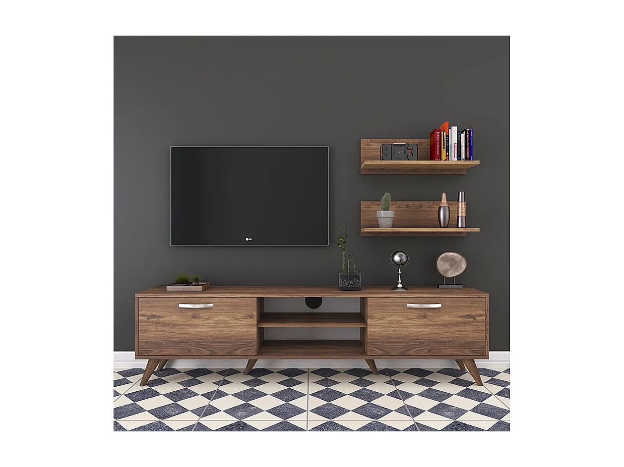 Mueble TV Completo en Melamina Color Nogal, 180x35x48.5 cm, con 2 Estantes