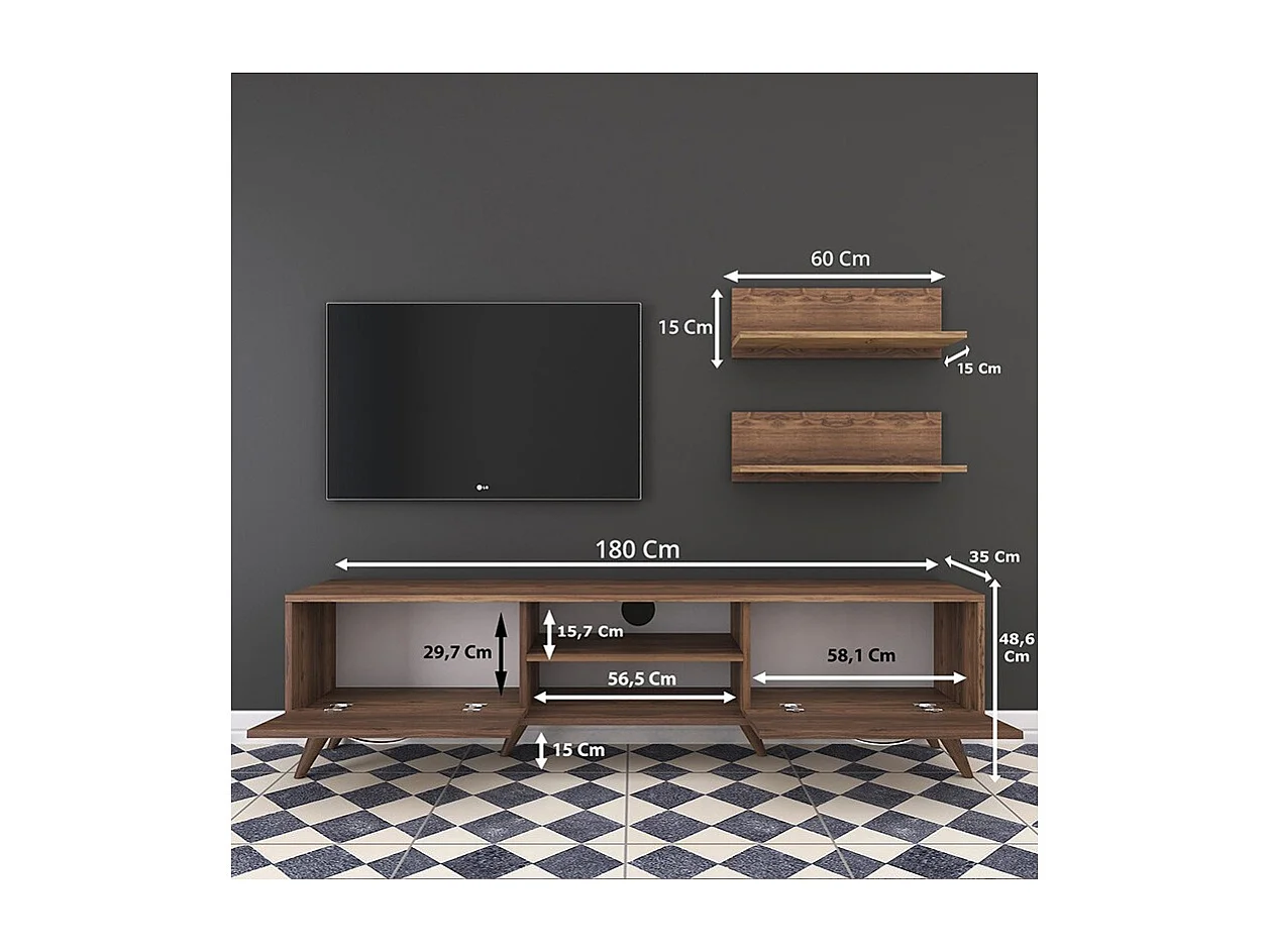 Mueble TV Completo en Melamina Color Nogal, 180x35x48.5 cm, con 2 Estantes