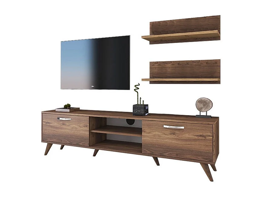 Mueble TV Completo en Melamina Color Nogal, 180x35x48.5 cm, con 2 Estantes
