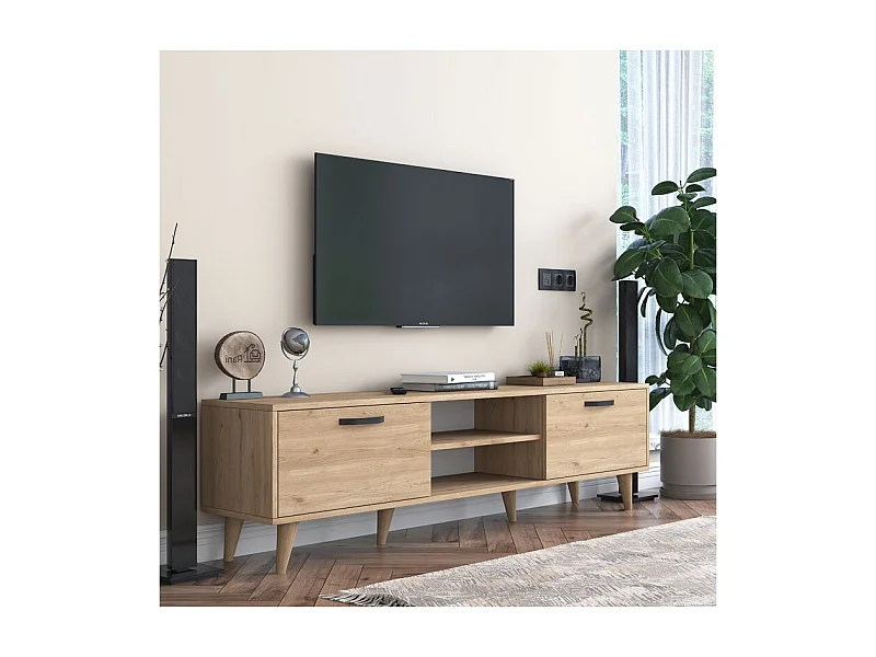 Mueble de TV en Roble con 2 Cajones y Estantes - 180x35x48.5 cm con Patas de Madera.