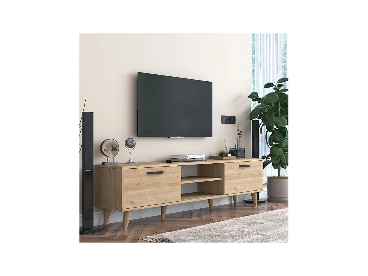 Mueble de TV en Roble con 2 Cajones y Estantes - 180x35x48.5 cm con Patas de Madera.