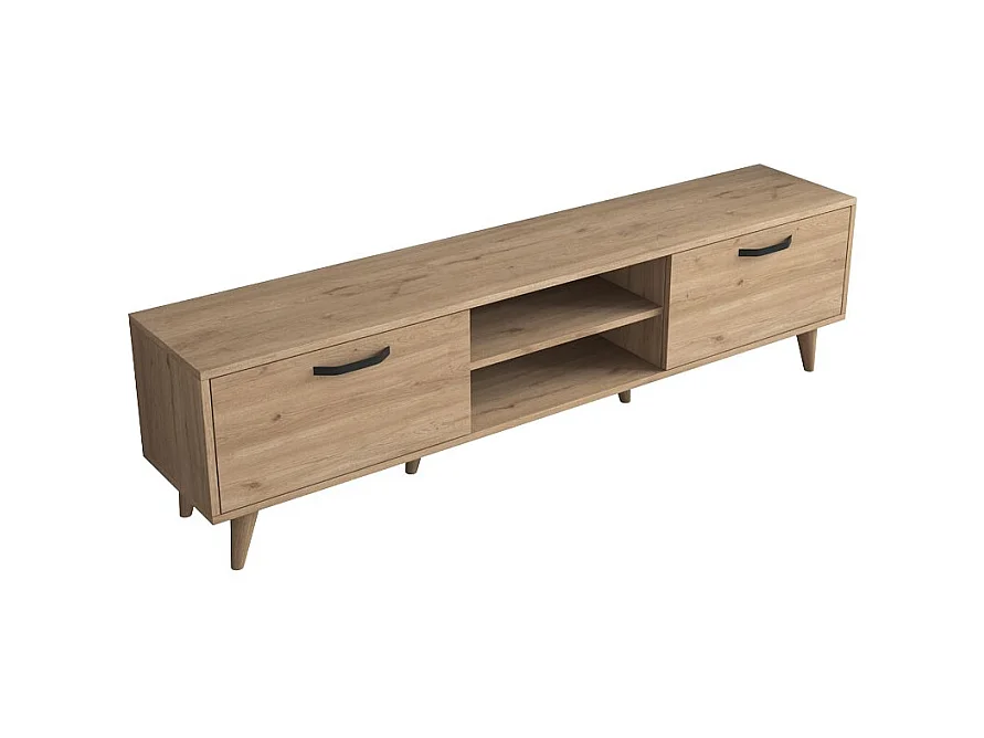 Mueble de TV en Roble con 2 Cajones y Estantes - 180x35x48.5 cm con Patas de Madera.