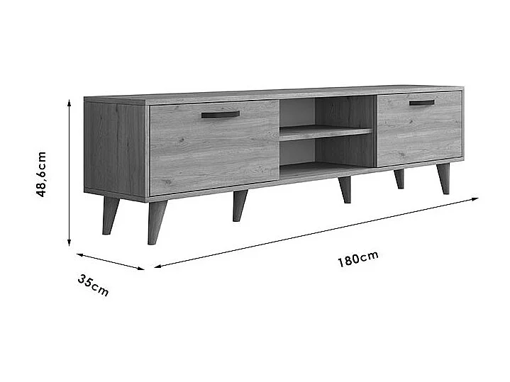 Mueble de TV en Roble con 2 Cajones y Estantes - 180x35x48.5 cm con Patas de Madera.