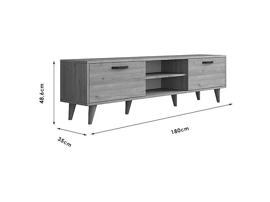 Mueble de TV en Roble con 2 Cajones y Estantes - 180x35x48.5 cm con Patas de Madera.