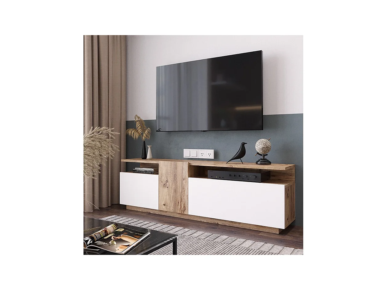 Mueble TV 150 cm con 3 Puertas y Diseño Moderno en Sonoma y Blanco – 150x29.5x46.3 cm.