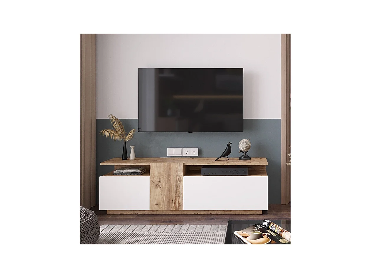 Mueble TV 150 cm con 3 Puertas y Diseño Moderno en Sonoma y Blanco – 150x29.5x46.3 cm.