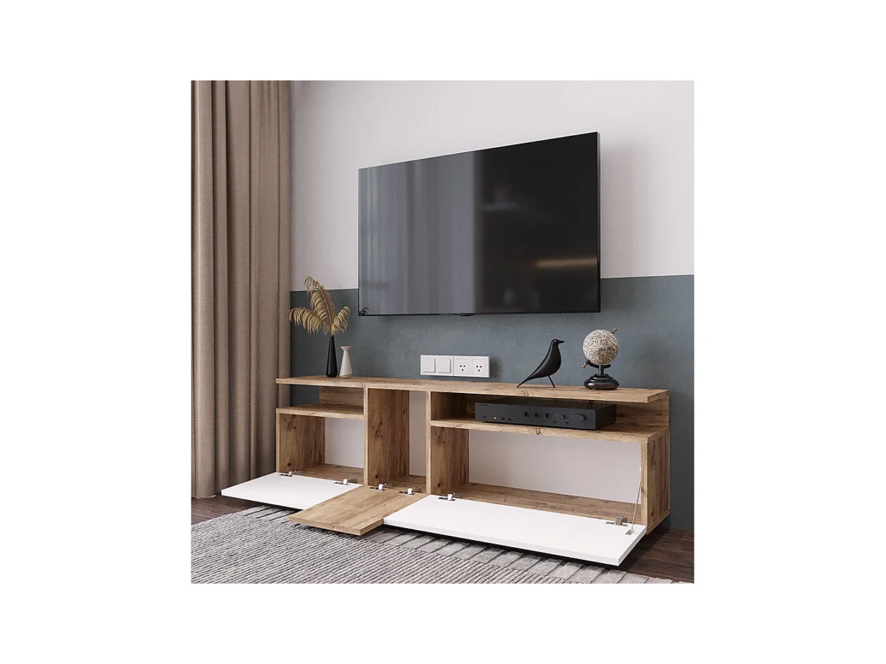 Mueble TV 150 cm con 3 Puertas y Diseño Moderno en Sonoma y Blanco – 150x29.5x46.3 cm.
