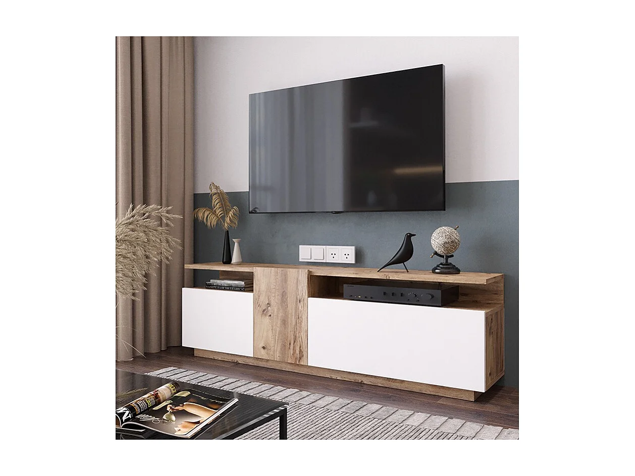 Mueble TV 150 cm con 3 Puertas y Diseño Moderno en Sonoma y Blanco – 150x29.5x46.3 cm.