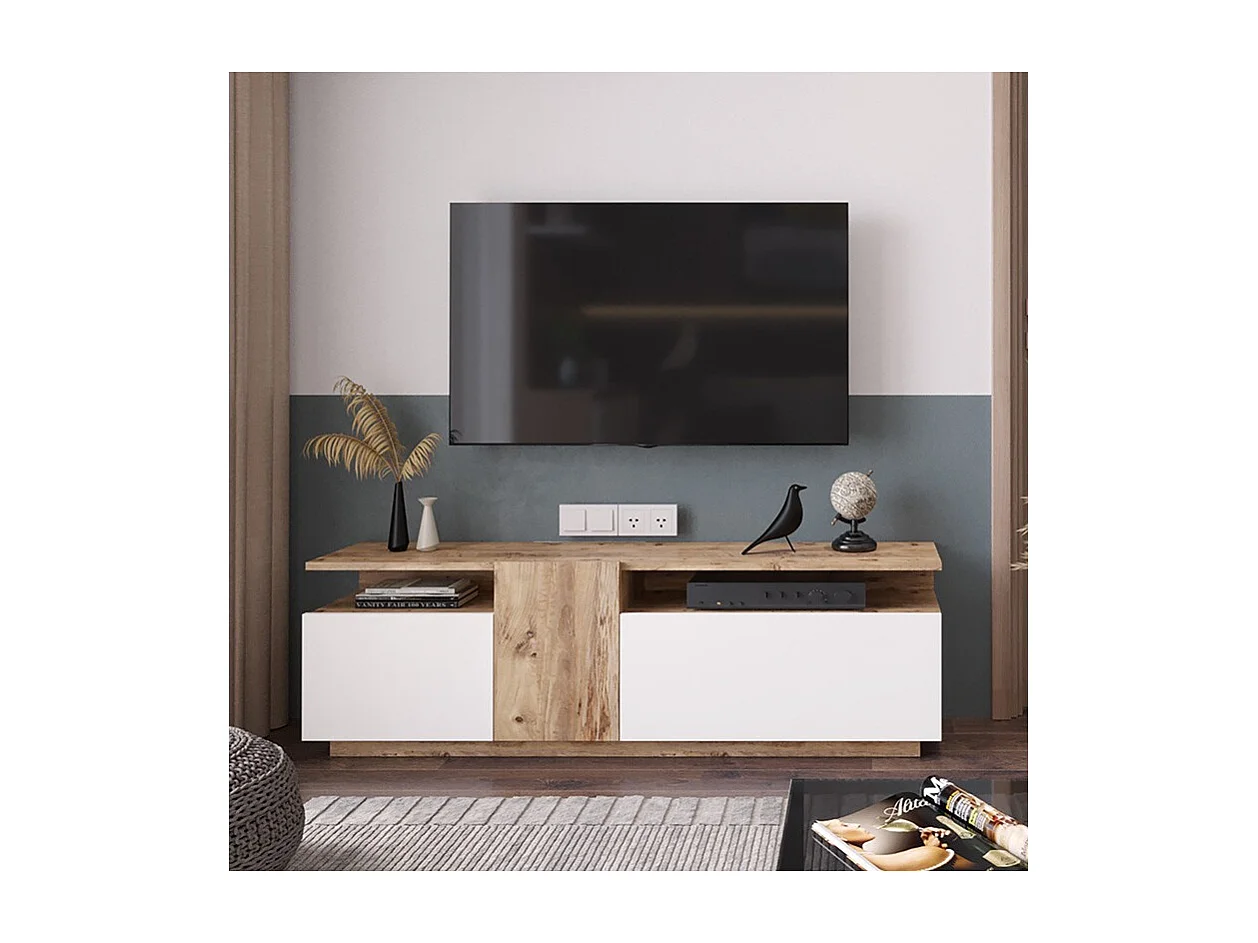 Mueble TV 150 cm con 3 Puertas y Diseño Moderno en Sonoma y Blanco – 150x29.5x46.3 cm.