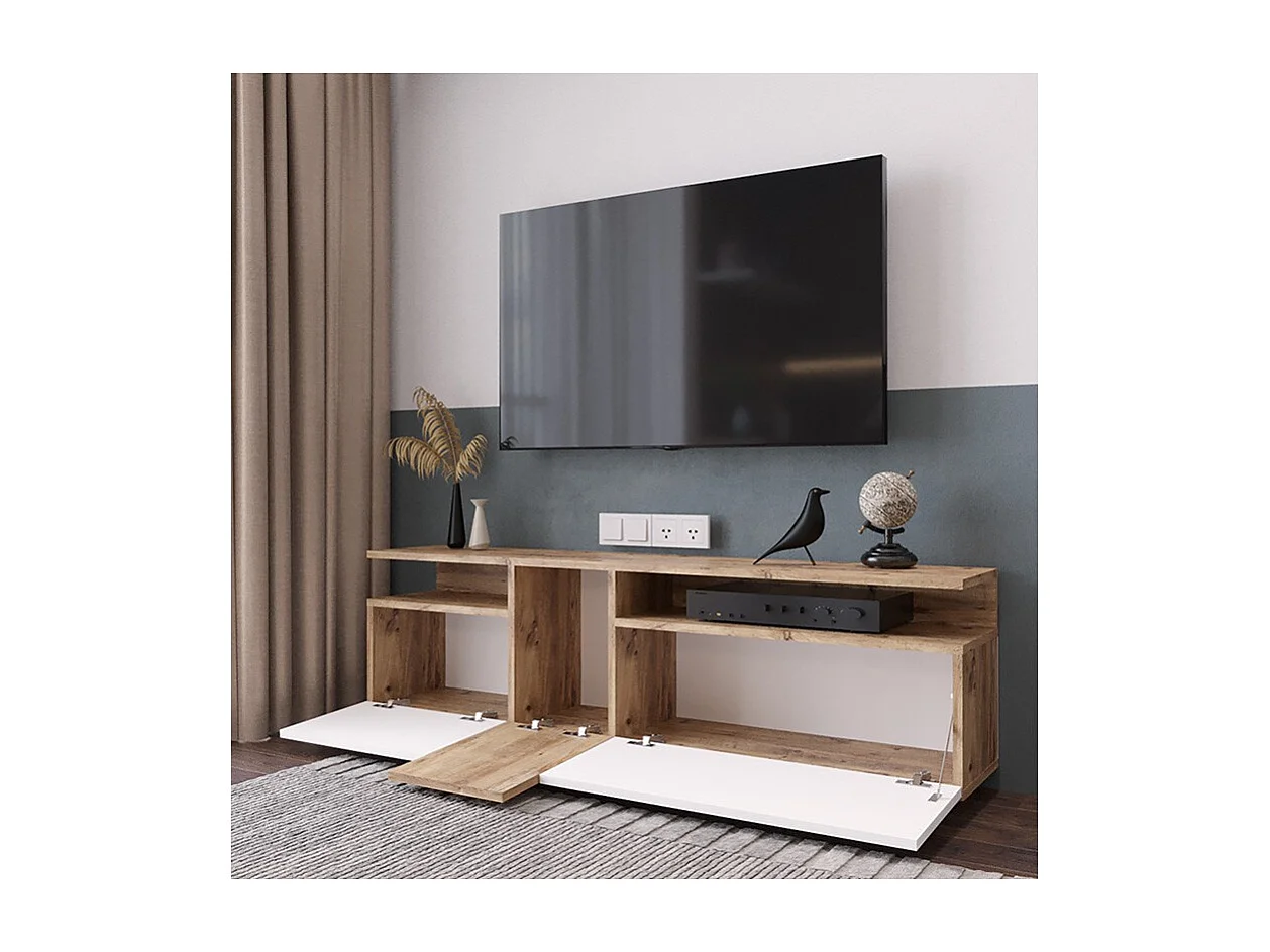 Mueble TV 150 cm con 3 Puertas y Diseño Moderno en Sonoma y Blanco – 150x29.5x46.3 cm.