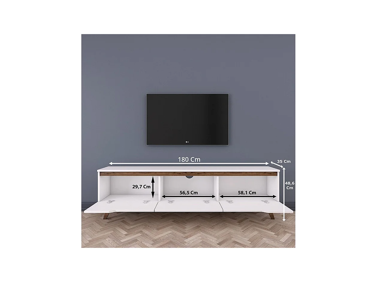 Mueble para TV Color Blanco y Nogal - Dimensiones 180x35x48,3 cm - Diseño Moderno para Salón y Estancia